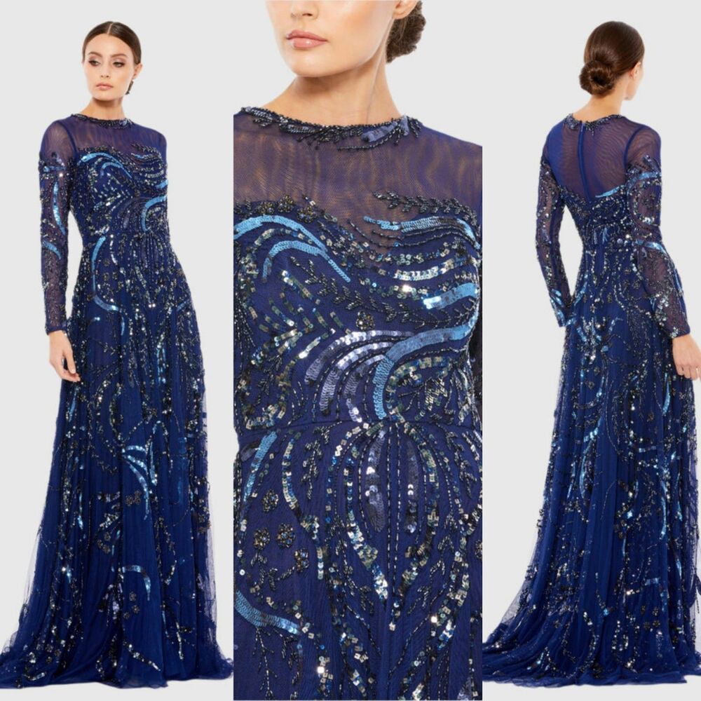 Mac Duggal Long Sleeve Embellished Illusion Evening Gown 12 Maxi Dress 5217 New